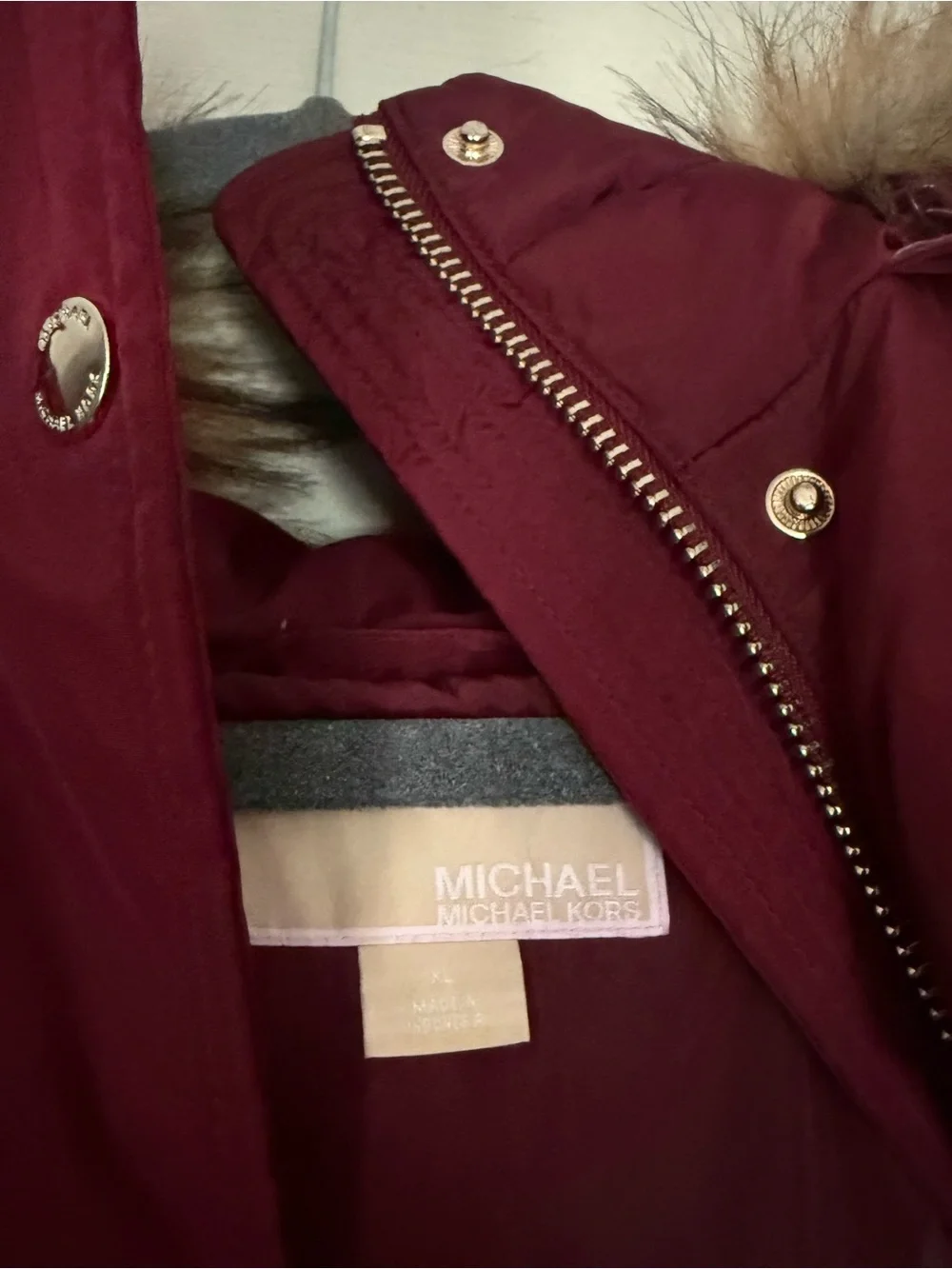 Michael Kors Wine-Red Quilted Puffer Coat with Faux-Fur Trim